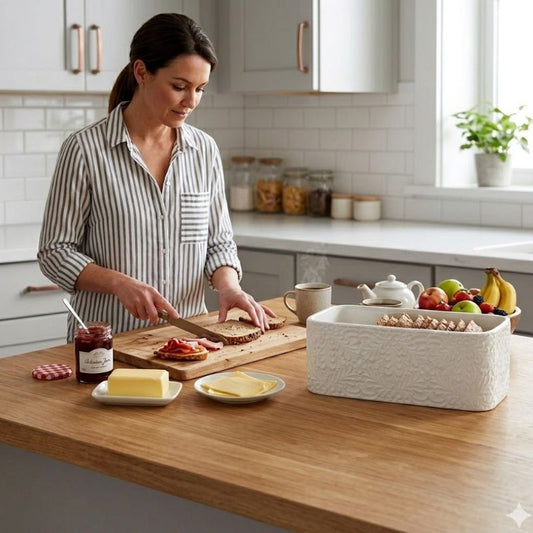 Engraved Ceramic Bread Box with Bamboo Lid for Kitchen Countertop
