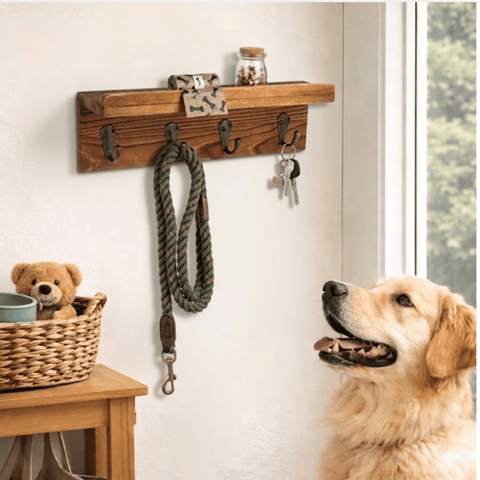 Dog Leash Holder Wall Mount with Shelf & 4 Hooks | Farmhouse