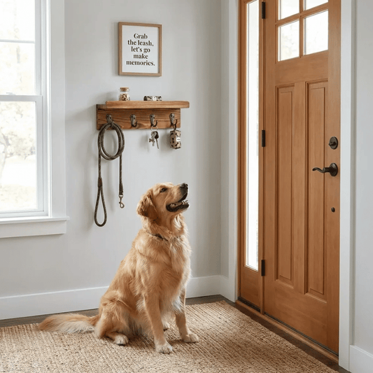 Dog Leash Holder Wall Mount with Shelf & 4 Hooks | Farmhouse