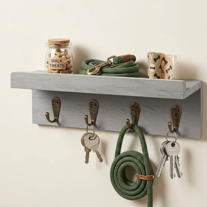 Dog Leash Holder Wall Mount with Shelf & 4 Hooks | Farmhouse