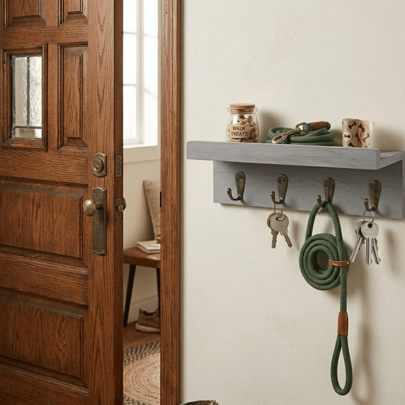 Dog Leash Holder Wall Mount with Shelf & 4 Hooks | Farmhouse