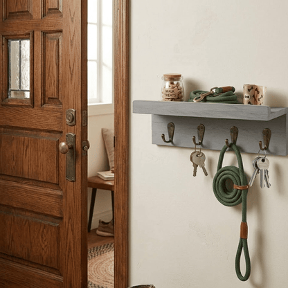 Dog Leash Holder Wall Mount with Shelf & 4 Hooks | Farmhouse