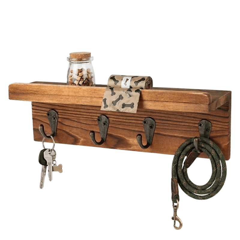 Dog Leash Holder Wall Mount with Shelf & 4 Hooks | Farmhouse