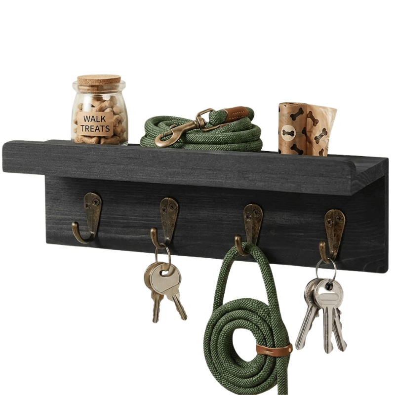 Dog Leash Holder Wall Mount with Shelf & 4 Hooks | Farmhouse