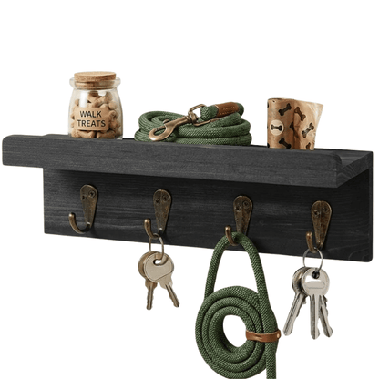Dog Leash Holder Wall Mount with Shelf & 4 Hooks | Farmhouse