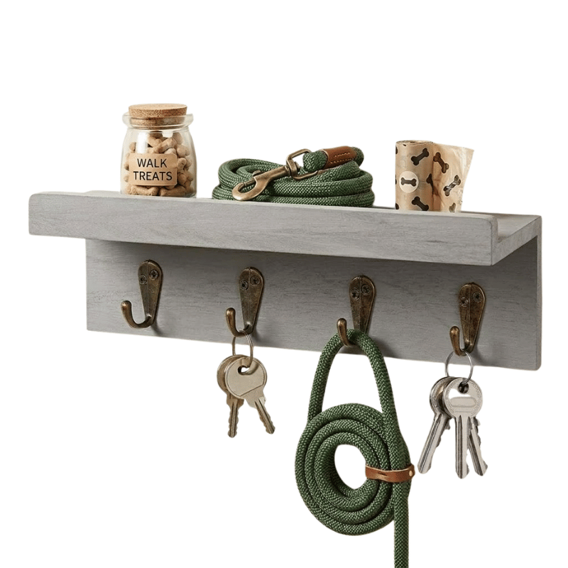 Dog Leash Holder Wall Mount with Shelf & 4 Hooks | Farmhouse