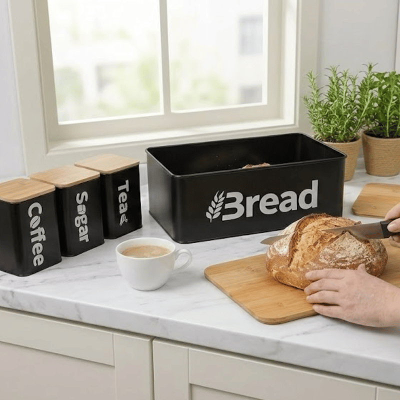 4-Piece Metal Bread Box & Canisters Set with Bamboo Lids