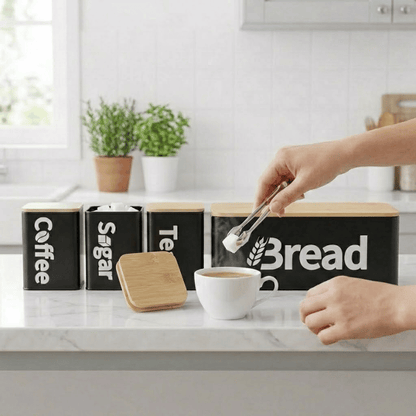 4-Piece Metal Bread Box & Canisters Set with Bamboo Lids