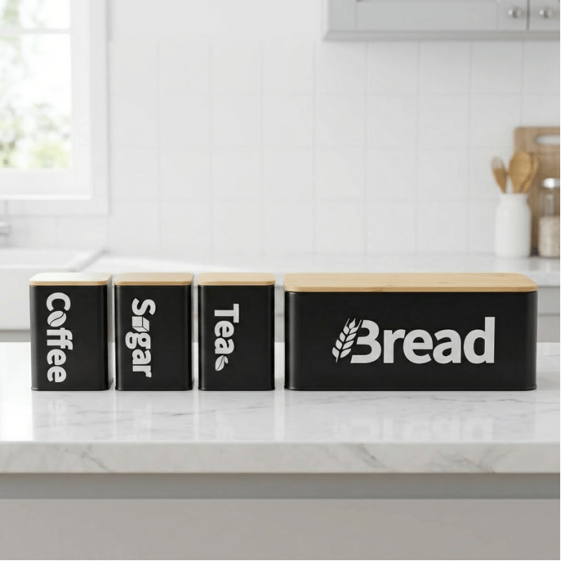 4-Piece Metal Bread Box & Canisters Set with Bamboo Lids