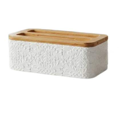 Engraved Ceramic Bread Box with Bamboo Lid for Kitchen Countertop