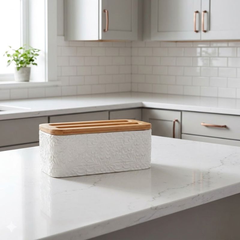 Engraved Ceramic Bread Box with Bamboo Lid for Kitchen Countertop