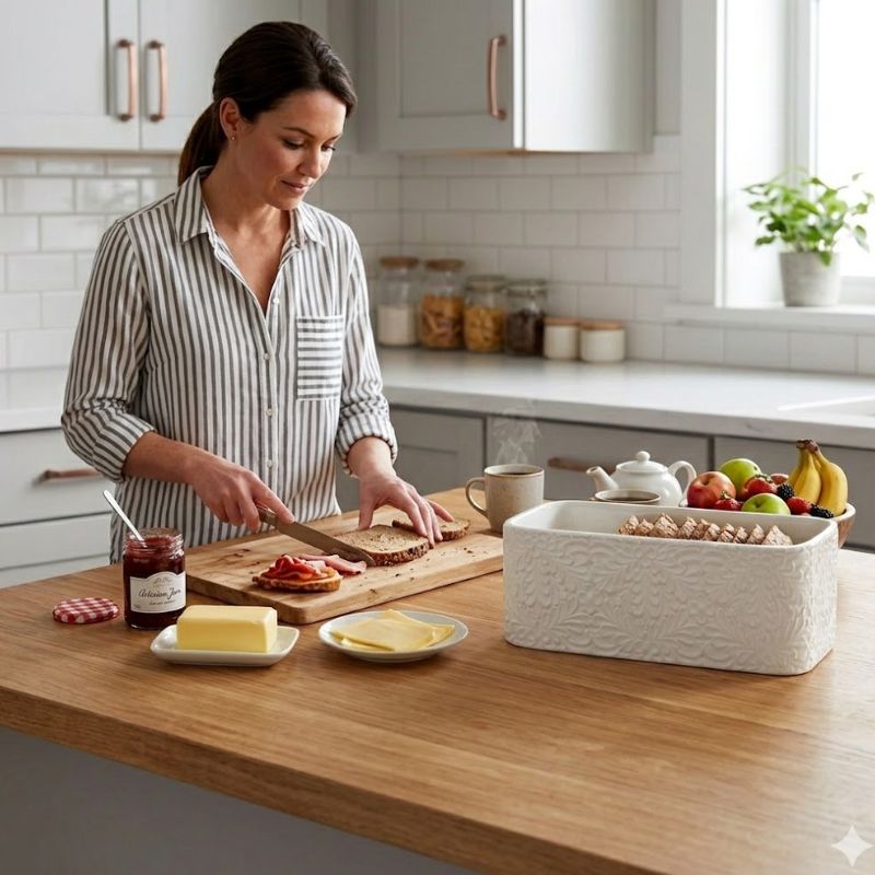 Engraved Ceramic Bread Box with Bamboo Lid for Kitchen Countertop