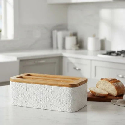 Engraved Ceramic Bread Box with Bamboo Lid for Kitchen Countertop