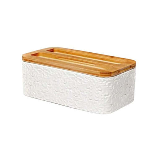Engraved Ceramic Bread Box with Bamboo Lid for Kitchen Countertop