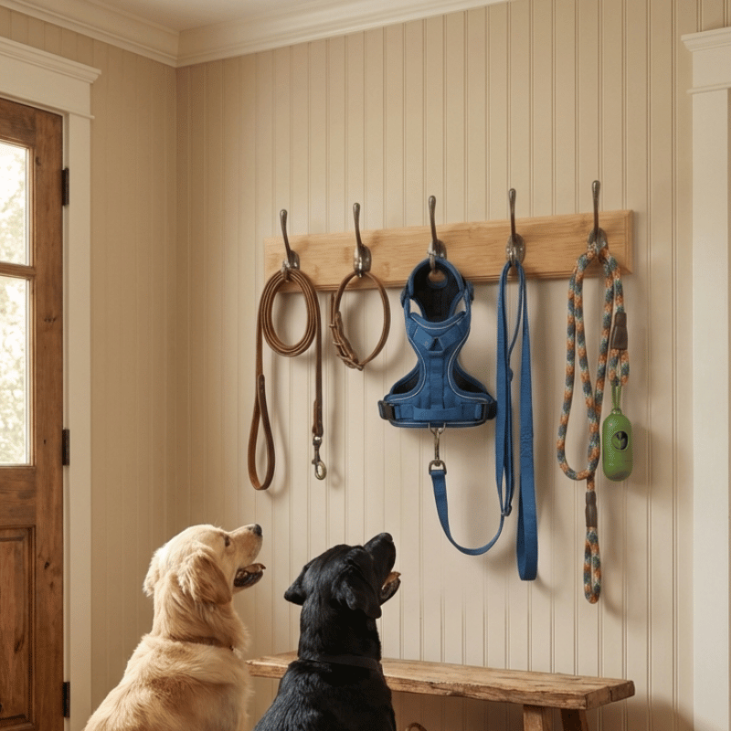 Wall Mounted Dog Leash Organizer – 5-Hook Wood Rack for Entryway