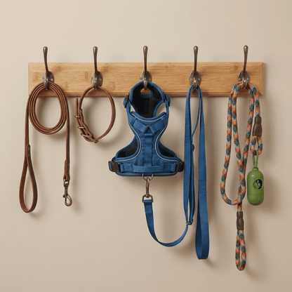 Wall Mounted Dog Leash Organizer – 5-Hook Wood Rack for Entryway