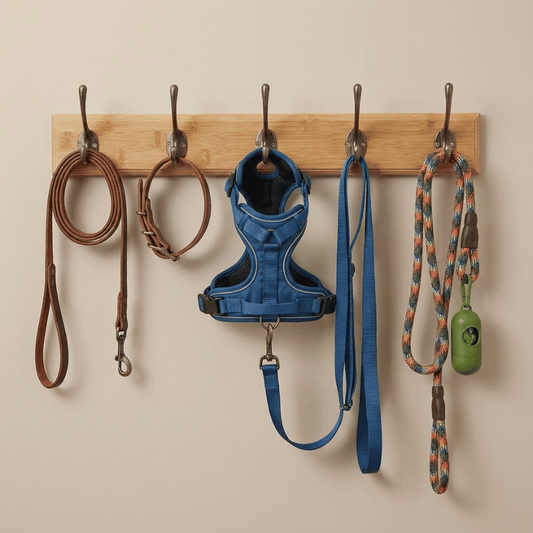Wall Mounted Dog Leash Organizer – 5-Hook Wood Rack for Entryway
