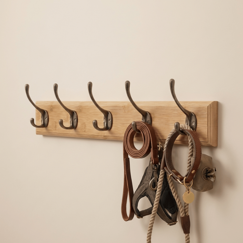 Wall Mounted Dog Leash Organizer – 5-Hook Wood Rack for Entryway