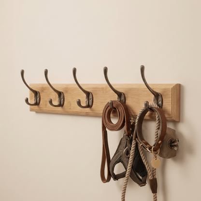Wall Mounted Dog Leash Organizer – 5-Hook Wood Rack for Entryway