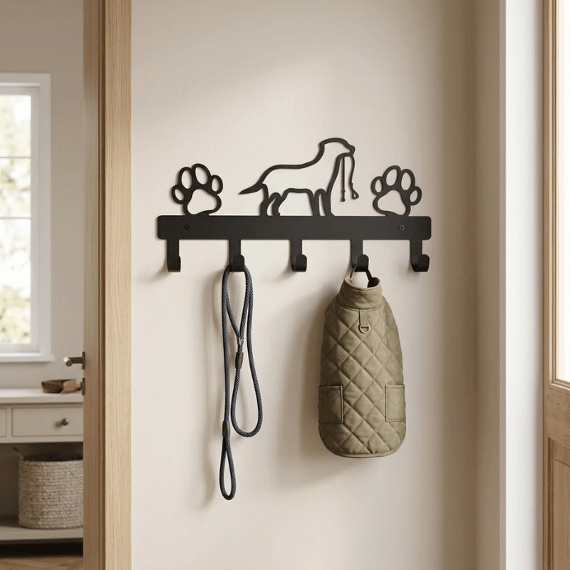 Iron Art Dog Leash & Coat Wall Rack — 5 Hooks Paw Print Decor