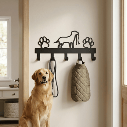 Iron Art Dog Leash & Coat Wall Rack — 5 Hooks Paw Print Decor