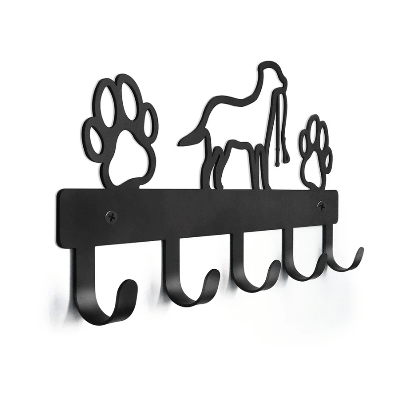 Iron Art Dog Leash & Coat Wall Rack — 5 Hooks Paw Print Decor
