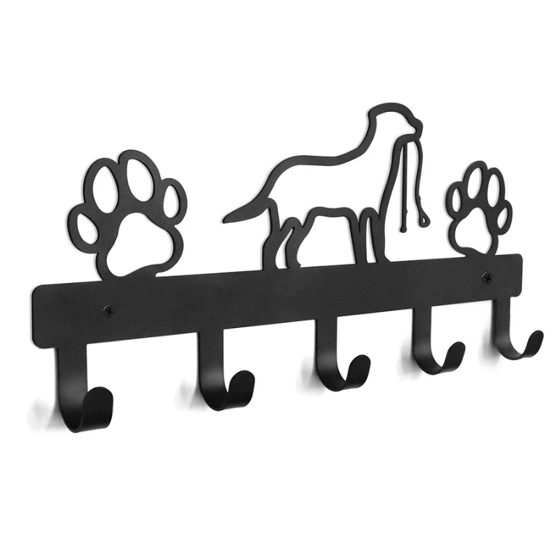 Iron Art Dog Leash & Coat Wall Rack — 5 Hooks Paw Print Decor