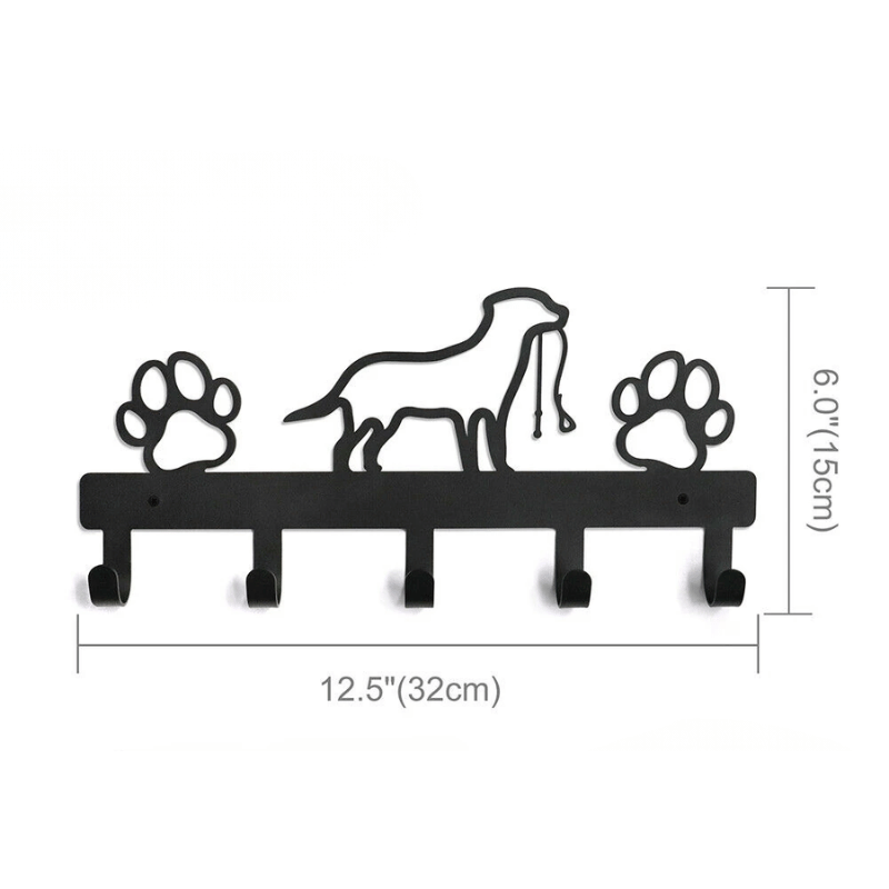 Iron Art Dog Leash & Coat Wall Rack — 5 Hooks Paw Print Decor