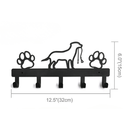 Iron Art Dog Leash & Coat Wall Rack — 5 Hooks Paw Print Decor