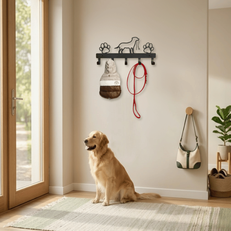 Iron Art Dog Leash & Coat Wall Rack — 5 Hooks Paw Print Decor