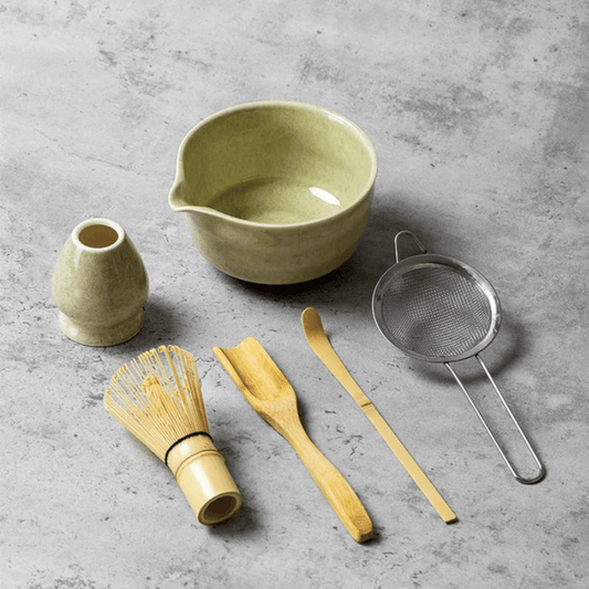 Japanese Matcha Tea - Set 6 Piece Bamboo Whisk & Ceramic Bowl Kit